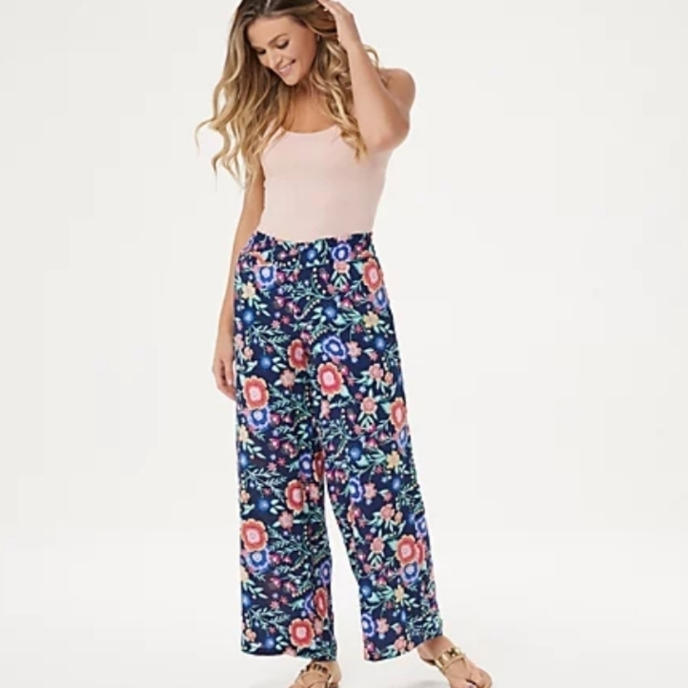 Cuddl Duds Navy Folky Floral Wide Leg Pocket Pants Size XS New